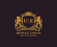 Initial UE Letter Lion Royal Luxury Logo template in vector art for Restaurant, Royalty, Boutique, Cafe, Hotel, Heraldic, Jewelry, Fashion and other vector illustration.