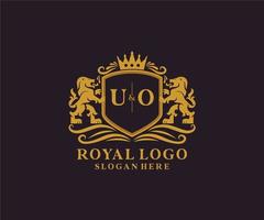 Initial UO Letter Lion Royal Luxury Logo template in vector art for Restaurant, Royalty, Boutique, Cafe, Hotel, Heraldic, Jewelry, Fashion and other vector illustration.