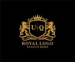 Initial UQ Letter Lion Royal Luxury Logo template in vector art for Restaurant, Royalty, Boutique, Cafe, Hotel, Heraldic, Jewelry, Fashion and other vector illustration.