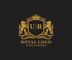 Initial UR Letter Lion Royal Luxury Logo template in vector art for Restaurant, Royalty, Boutique, Cafe, Hotel, Heraldic, Jewelry, Fashion and other vector illustration.