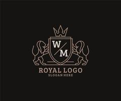 Initial WM Letter Lion Royal Luxury Logo template in vector art for Restaurant, Royalty, Boutique, Cafe, Hotel, Heraldic, Jewelry, Fashion and other vector illustration.