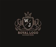 Initial WJ Letter Lion Royal Luxury Logo template in vector art for Restaurant, Royalty, Boutique, Cafe, Hotel, Heraldic, Jewelry, Fashion and other vector illustration.