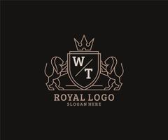 Initial WT Letter Lion Royal Luxury Logo template in vector art for Restaurant, Royalty, Boutique, Cafe, Hotel, Heraldic, Jewelry, Fashion and other vector illustration.