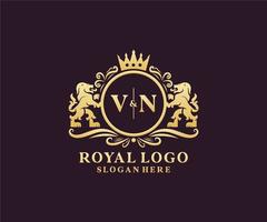 plantilla de logotipo de lujo real de león de letra vn inicial en arte vectorial para restaurante, realeza, boutique, cafetería, hotel, heráldica, joyería, moda y otras ilustraciones vectoriales. vector