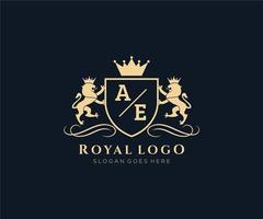 Initial AE Letter Lion Royal Luxury Heraldic,Crest Logo template in vector art for Restaurant, Royalty, Boutique, Cafe, Hotel, Heraldic, Jewelry, Fashion and other vector illustration.