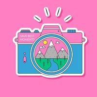 Camera Sticker Save the Moments Travel Adventure Retro Groovy Style vector