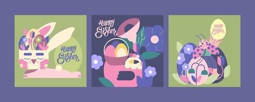 3 ilustraciones para contento Pascua de Resurrección día. linda personaje participación Pascua de Resurrección huevos conejito, pollo y mariquita. esta diseño sumerge usted en el fiesta y primavera. Perfecto para tu proyecto vector