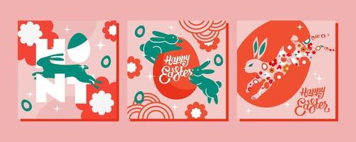 3 Illustrations for a happy Easter day in warm, spring colors. Modern design, minimalist style. This design will perfectly complement your project and make it more festive. vector