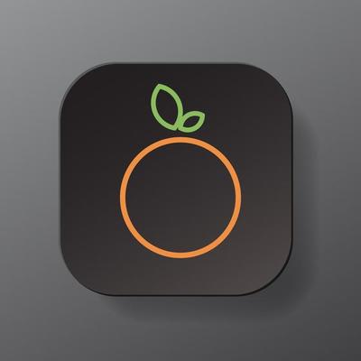 Black square button with orange fruit outline icon, orange with green leaf on the black plate. Flat symbol sign vector illustration isolated on gray background. Healthy nutrition concept