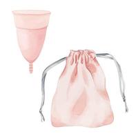 acuarela rosado menstrual taza y textil bolsa. cero residuos cuidado. mujer cosas para período, menstruación hembra higiene producto. dibujado a mano ilustración aislado en el blanco antecedentes. vector