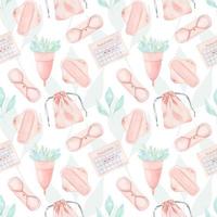 Seamless pattern of reusable sanitary pads, calendars and menstrual cups. Packaging for female intimate hygiene products. Zero waste care. Watercolor illustration. vector