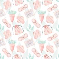 Seamless pattern of reusable sanitary pads, calendars and menstrual cups. Packaging for female intimate hygiene products. Zero waste care. Watercolor illustration. vector