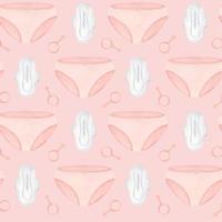Seamless pattern of white clean sanitary pads, women gender symbol and pink lingerie. Packaging for female intimate hygiene products. Watercolor illustration. vector