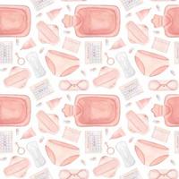 Seamless pattern of reusable sanitary pads, calendars, Hot Water Bottles, lingerie, pills and menstrual cups. Packaging for female intimate hygiene products. Watercolor illustration. vector