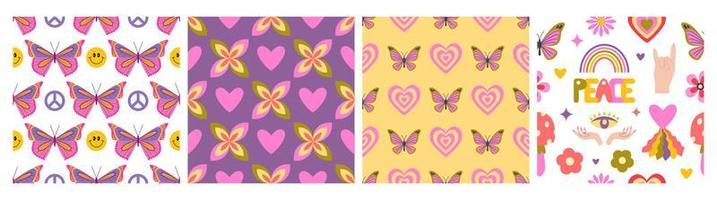 Set of retro groovy hippie seamless patterns, Y2k, 1970 good vibes, trippy. Butterfly and hearts. Digital paper. Vector illustration.