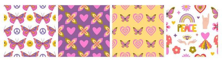 Set of retro groovy hippie seamless patterns, Y2k, 1970 good vibes, trippy. Butterfly and hearts. Digital paper. Vector illustration.