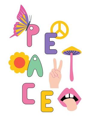 Retro groovy peace lettering. Mushroom, sign peace, groovy flower, lips, butterfly, hands. Wall art, poster, flyer, card, T-shirt design. Retro vibes