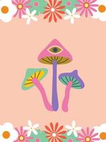 70s retro revival concept. Psychedelic mushrooms with groovy flowers. Poster, flyer, card, banner design. Background. Positive vibes vector