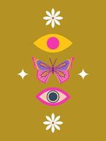 70s Retro revival hippie concept. Butterfly, eyes, groovy flowers. Poster, banner, flyer, card, wall art design. Retro revival vibes vector