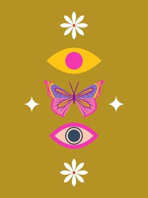 70s Retro revival hippie concept. Butterfly, eyes, groovy flowers. Poster, banner, flyer, card, wall art design. Retro revival vibes