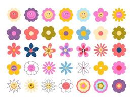 Set of cute 70s retro groovy flowers. Smiling daisies clipart. Isolated on white background. Hippie psychedelic vibes vector