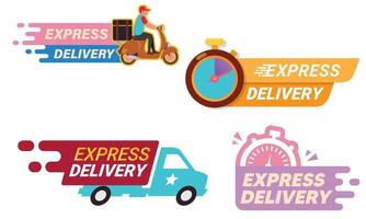 Express delivery service badge, Express delivery urgent shipping services courier on a scooter moving fast, Express delivery label, timer sticker vector