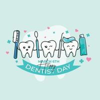 Cute background march 6th dentist day teeth with dentist tools vector cartoon