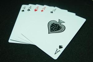 Four of a Kind ,Four cards that are the same value, for instance four of Ace and 4 in black background photo