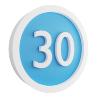 3D render 30 minimum speed limit sign icon isolated on transparent background, blue informative sign png