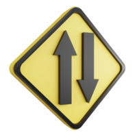 3D render two way traffic sign icon isolated on transparent background, yellow cautionary sign png