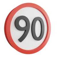 3D render 90 maximum speed limit sign icon isolated on transparent background, red mandatory sign png