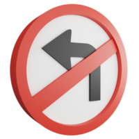 3D render no left turn sign icon isolated on transparent background, red mandatory sign png