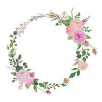 Watercolor floral border, flowers wreath with roses and green leaves illustration png