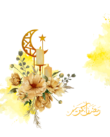 waterverf Ramadan groet ontwerp illustratie, bloemen boeket met kaarsen, gouden halve maan maan en ster ornament voor banier, poster en kaart decoratie png