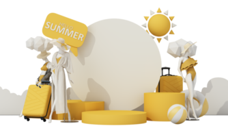 Sommer- Ferien Konzept mit Sonnenbrille und Koffer mit Wolken im das Hintergrund entlang mit Schaufensterpuppen, Mode Kleidung, Badebekleidung mit Kopieren Raum Banner Produkt Stand Anzeige. 3d Rendern png