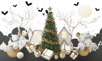 frohes neues jahr und frohe weihnachten winter altstadtstraße. Vollmond und von Wolken umgebener Weihnachtsbaum und eine goldene Geschenkbox mit Eisbär. helle Winterurlaubskomposition. 3D-Rendering png