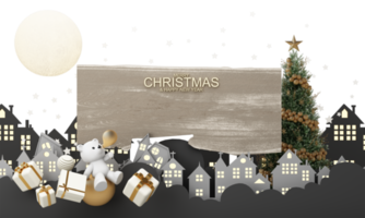 bonne année et joyeux noël rue de la vieille ville d'hiver. pleine lune et entouré de nuages sapin de noël et un coffret cadeau doré avec ours polaire. composition lumineuse de vacances d'hiver. rendu 3d png