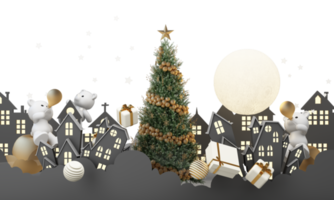 feliz año nuevo y feliz navidad invierno casco antiguo street. luna llena y rodeada de nubes árbol de navidad y una caja de regalo dorada con oso polar. brillante composición de vacaciones de invierno. representación 3d