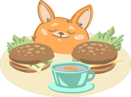 Illustration of a Cute Fox Eating a Burger and a Cup of Tea png