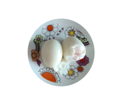 hervido huevos en un floral plato en un transparente antecedentes