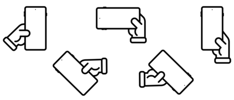 Icon set of a hand holding a cell phone with blank screen in various positions png