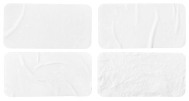 Set of four crumpled paper sheets, each of which is isolated. Rectangle shape has rounded edges. Template mockup png