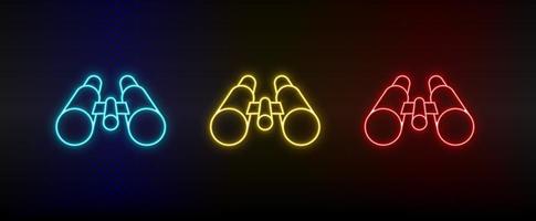 Neon icon set binoculars, explore. Set of red, blue, yellow neon vector icon on transparency dark background