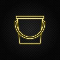 Yellow neon icon bucket, ice bucket. Transparent background. Yellow neon vector icon on dark background