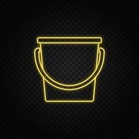 Yellow neon icon bucket, ice bucket. Transparent background. Yellow neon vector icon on dark background