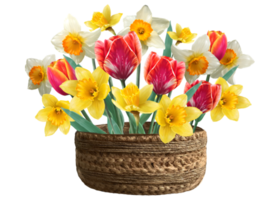 bouquet of tulips and daffodils in a flower pot illustration png