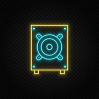 Bass, hardware. Blue and yellow neon vector icon. Transparent background on dark background