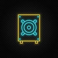 Bass, hardware. Blue and yellow neon vector icon. Transparent background on dark background