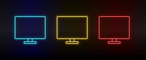 Neon icons, monitor, computer. Set of red, blue, yellow neon vector icon on darken transparent background