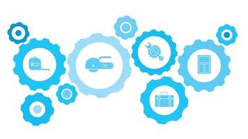 Connected gears and vector icons for logistic, service, shipping, distribution, transport, market, communicate concepts. building, window gear blue icon set on white background